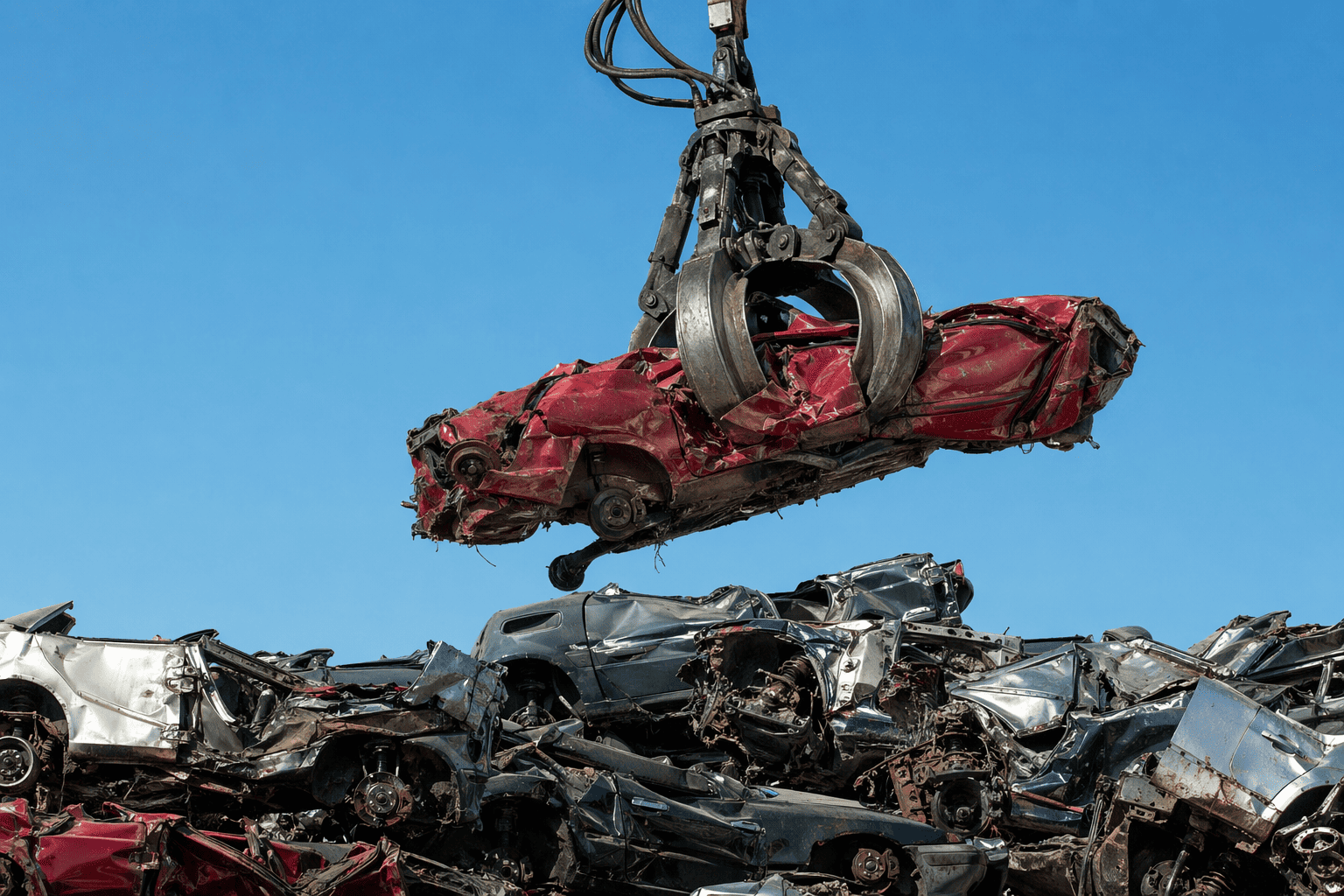 crane taking car away for scrapping